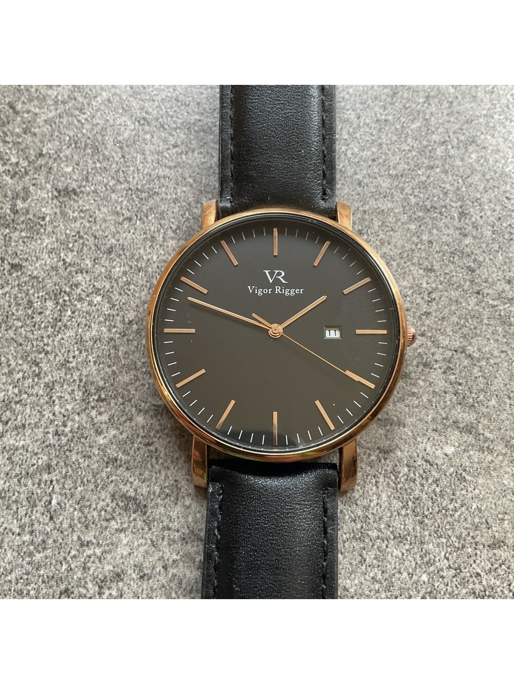 Vigor Rigger Mens Watch 41mm Rose Gold Tone Case With Black Leather Band A5
